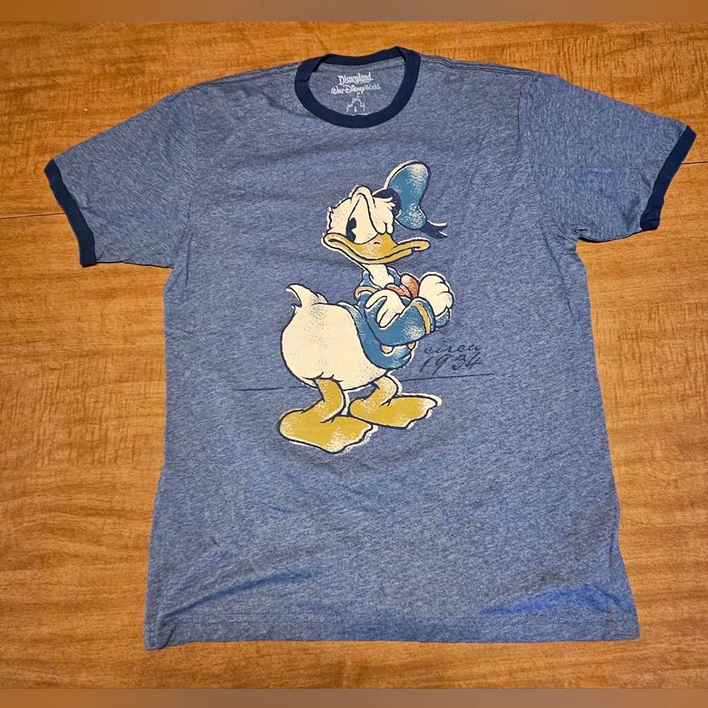 Disneyland Ringer Tee Donald Duck Blue Shirt Distressed Graphic Men's Large